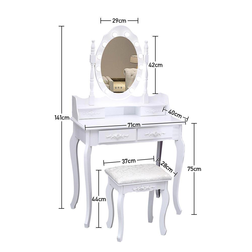 4 Drawers Dressing Table Dressers Bedroom with Bulbs Mirror & Stool Set White - House Comfort