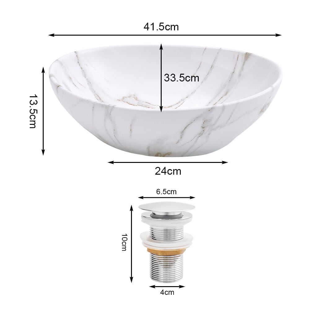 41.5cm W x 13.5cm D White Oval Marble Vessel Bathroom Sink - House Comfort