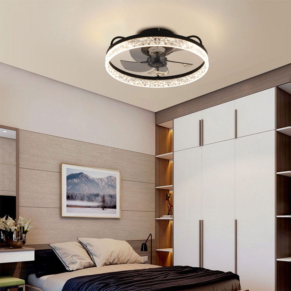 48cm Modern Black Round Crystal Ceiling Fan with Light - House Comfort