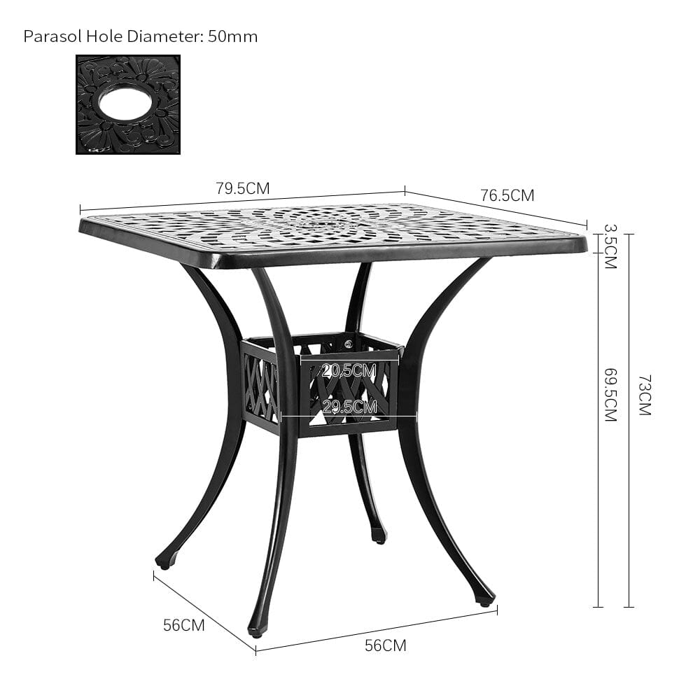Black 2.6ft Cast Aluminium Square Garden Dining Table for Outdoors - House Comfort