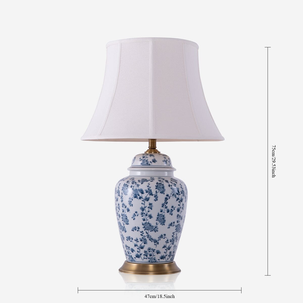 Lightsin Blue Floral Ceramic Table Lamp with Fabric Shade and Brass Base - House Comfort