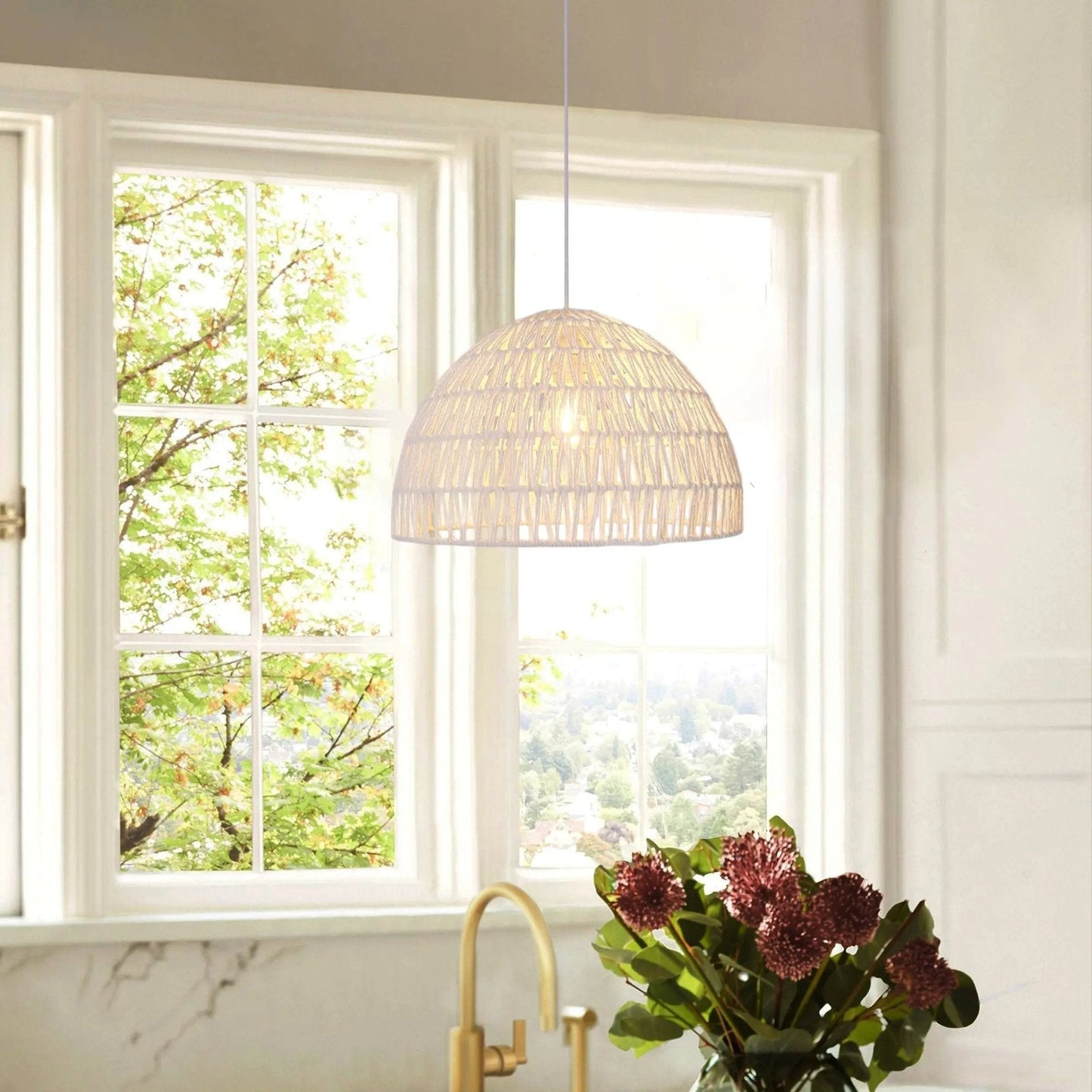 Lightsin Eco - Friendly Handwoven White Rope Ceiling Pendant Light for Bedroom, Kitchen & Living Room - House Comfort