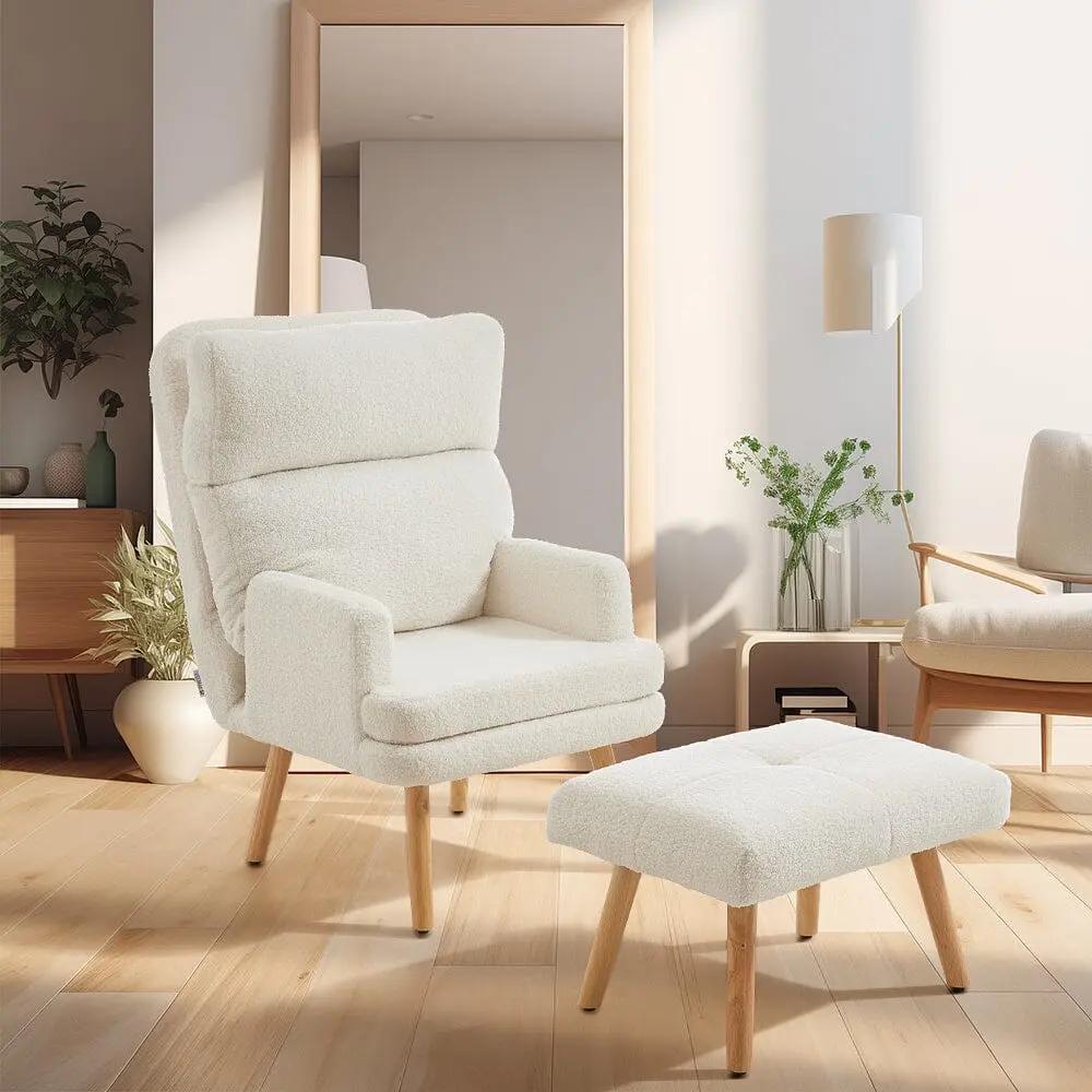 Wooden Legs Velvet Armchair Chair with Footrest - House Comfort