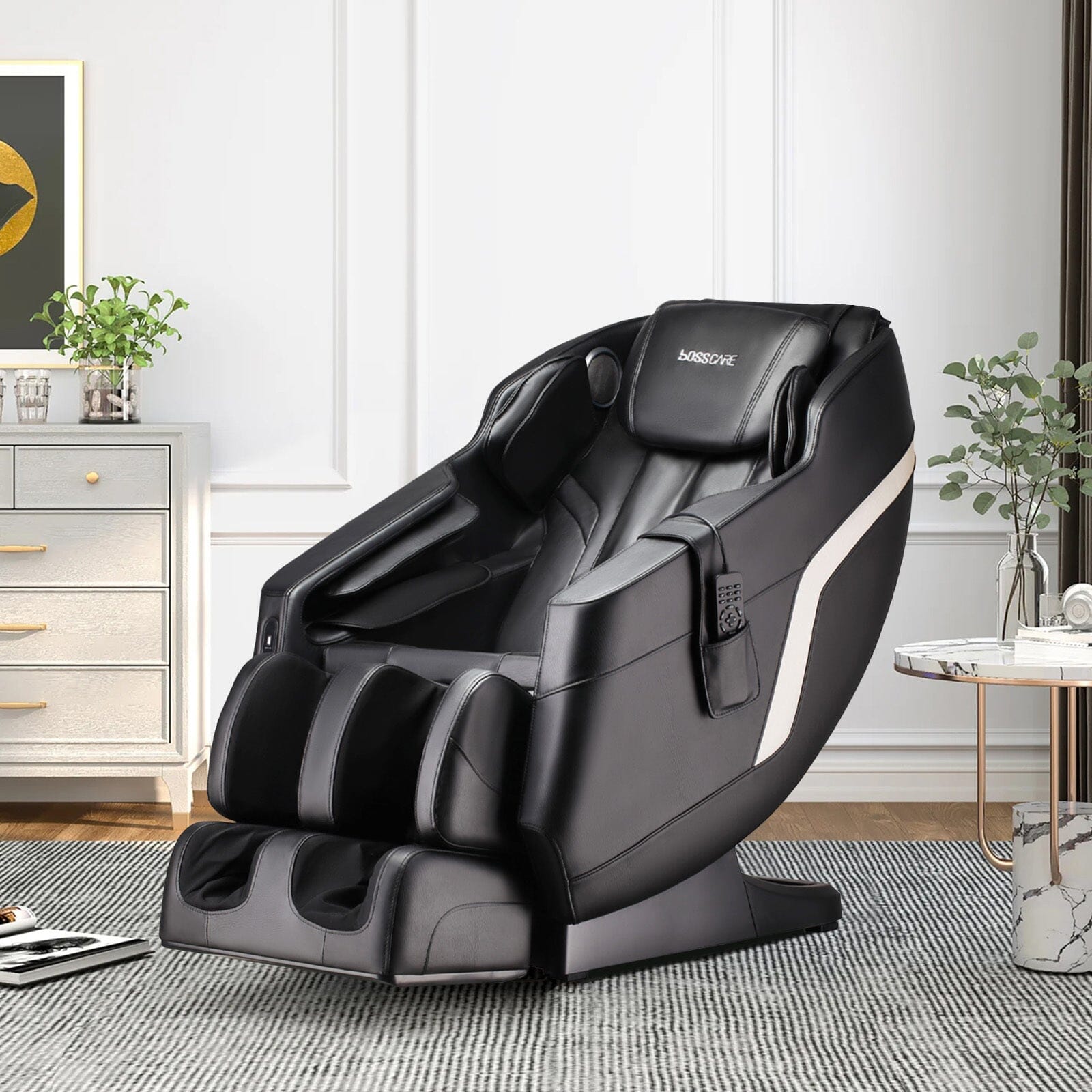 105cm H Real Relax Black Faux Leather Massage Chair with 6 Pre - Set Auto Modes Bluetooth Speaker - House Comfort