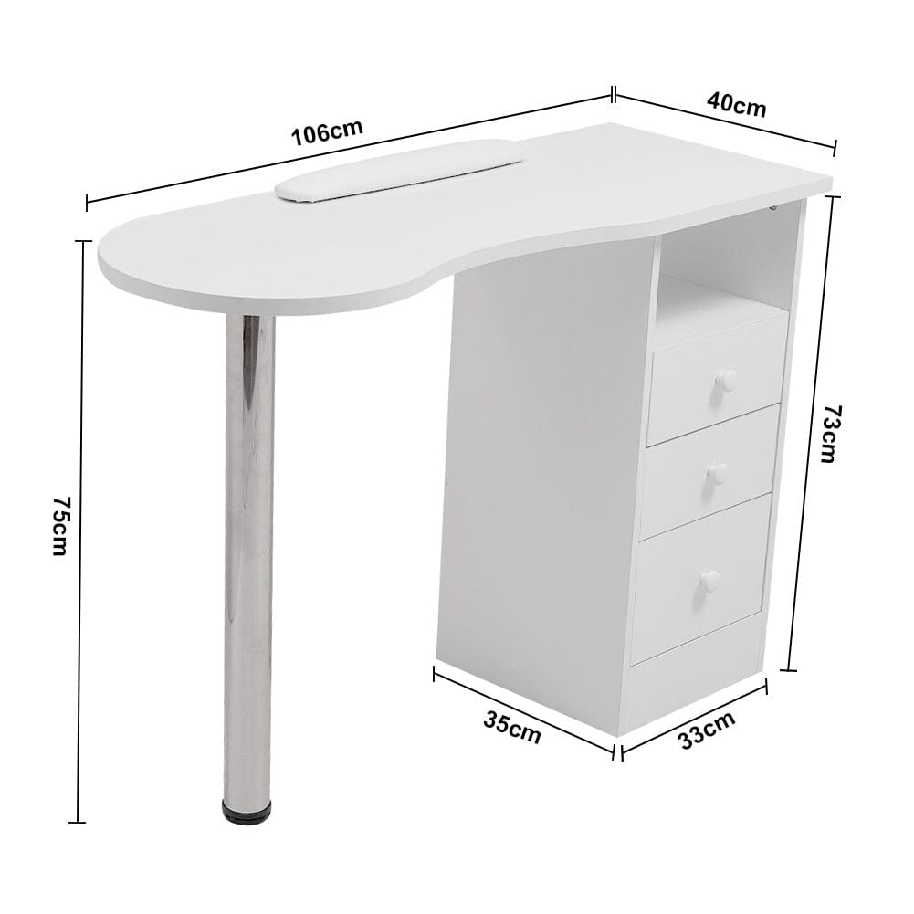 106cm White 3 Drawers Manicure Table with Metal Leg - House Comfort