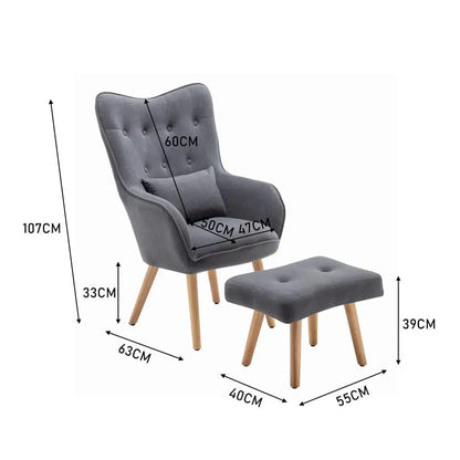107cm Minimalist Velvet Wingback Lounge Armchair with Footstool - House Comfort