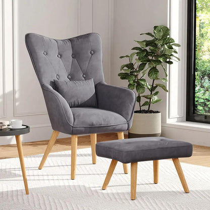 107cm Minimalist Velvet Wingback Lounge Armchair with Footstool - House Comfort
