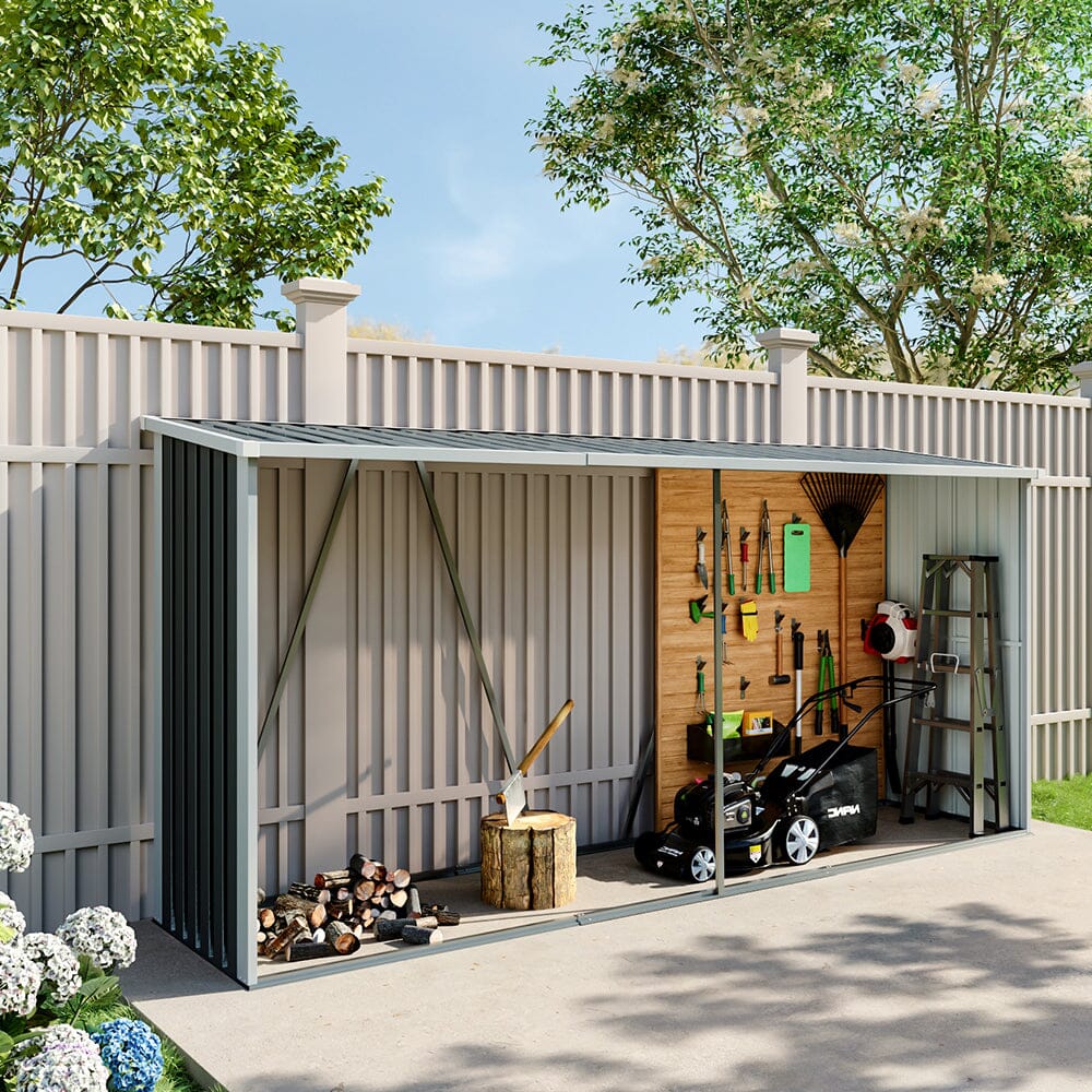 10.9 ft W Metal Garden Storage Shed for Firewood Tools Green/Black - House Comfort