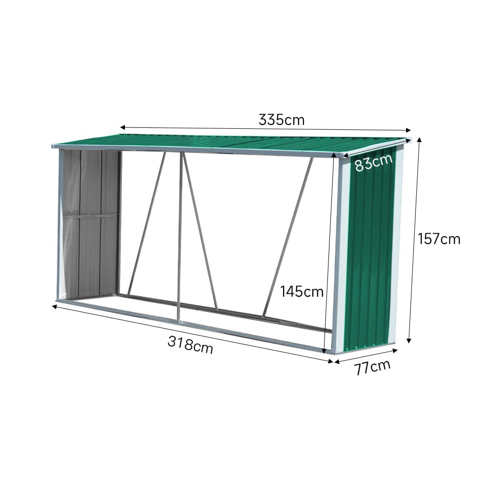 10.9 ft W Metal Garden Storage Shed for Firewood Tools Green/Black - House Comfort