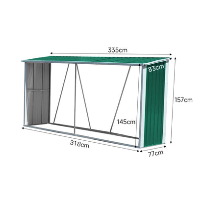 10.9 ft W Metal Garden Storage Shed for Firewood Tools Green/Black - House Comfort