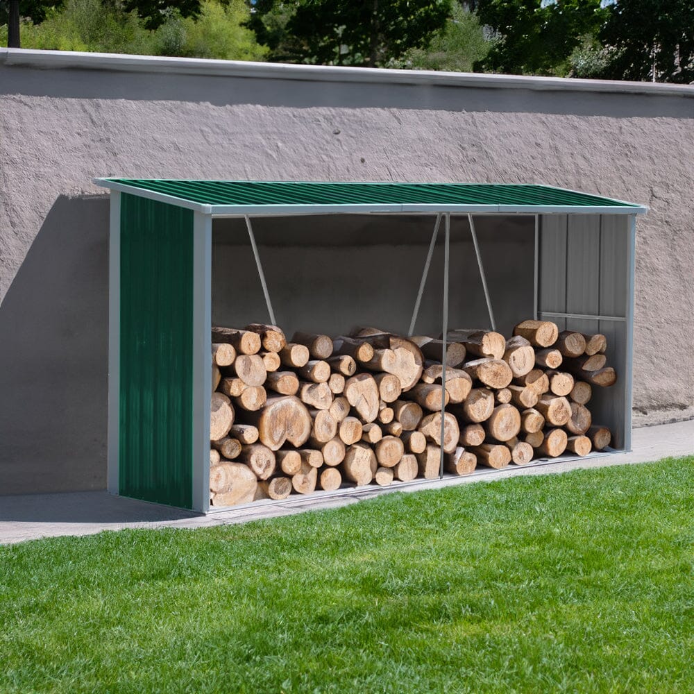 10.9 ft W Metal Garden Storage Shed for Firewood Tools Green/Black - House Comfort