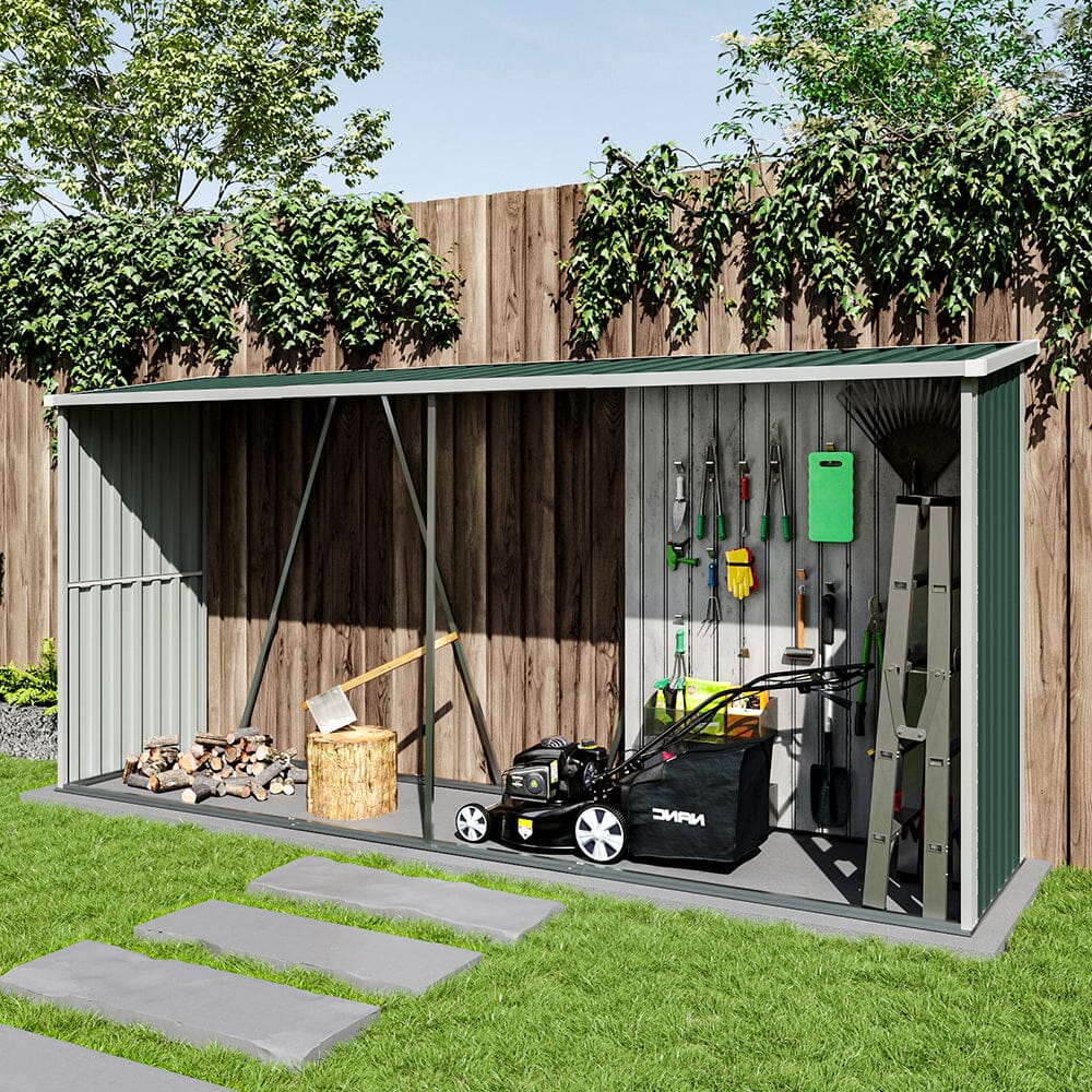10.9 ft W Metal Garden Storage Shed for Firewood Tools Green/Black - House Comfort