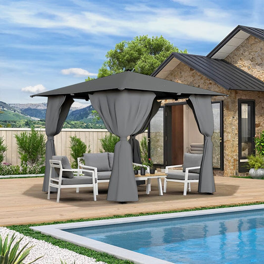 10ft W Garden Sheds Dark Grey Metal Gazebo With Lights - House Comfort