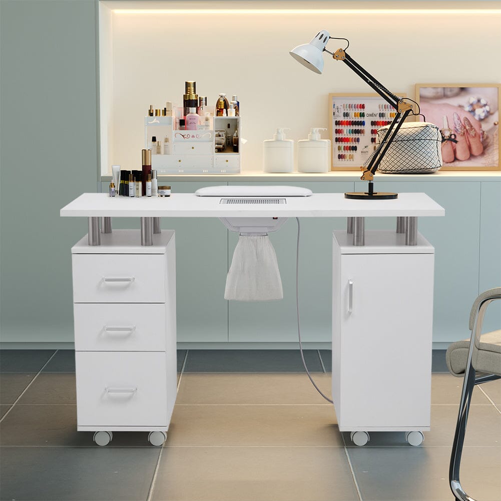 120cm W White Professional Manicure Station Nail Table on Wheels with Dust Collector - House Comfort