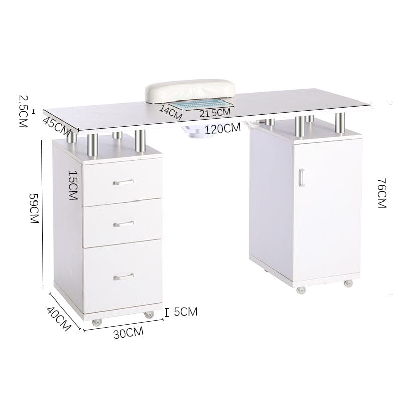 120cm W White Professional Manicure Station Nail Table on Wheels with Dust Collector - House Comfort