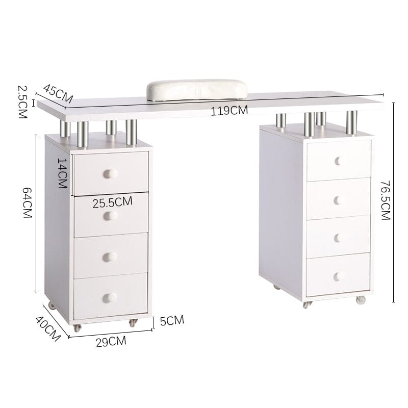 120cm W White Professional Manicure Table on Wheels with 8 Drawer - House Comfort