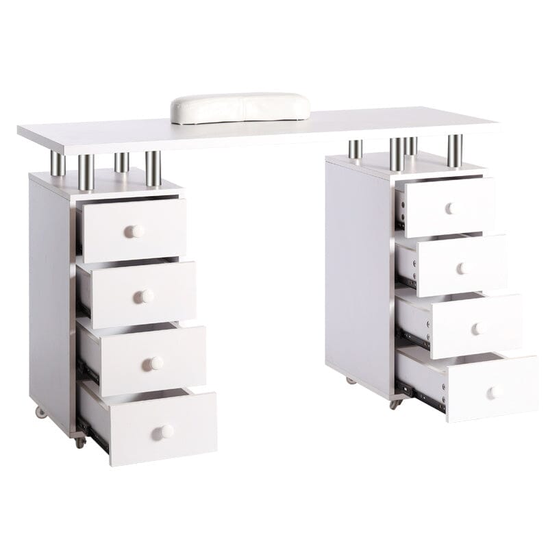 120cm W White Professional Manicure Table on Wheels with 8 Drawer - House Comfort