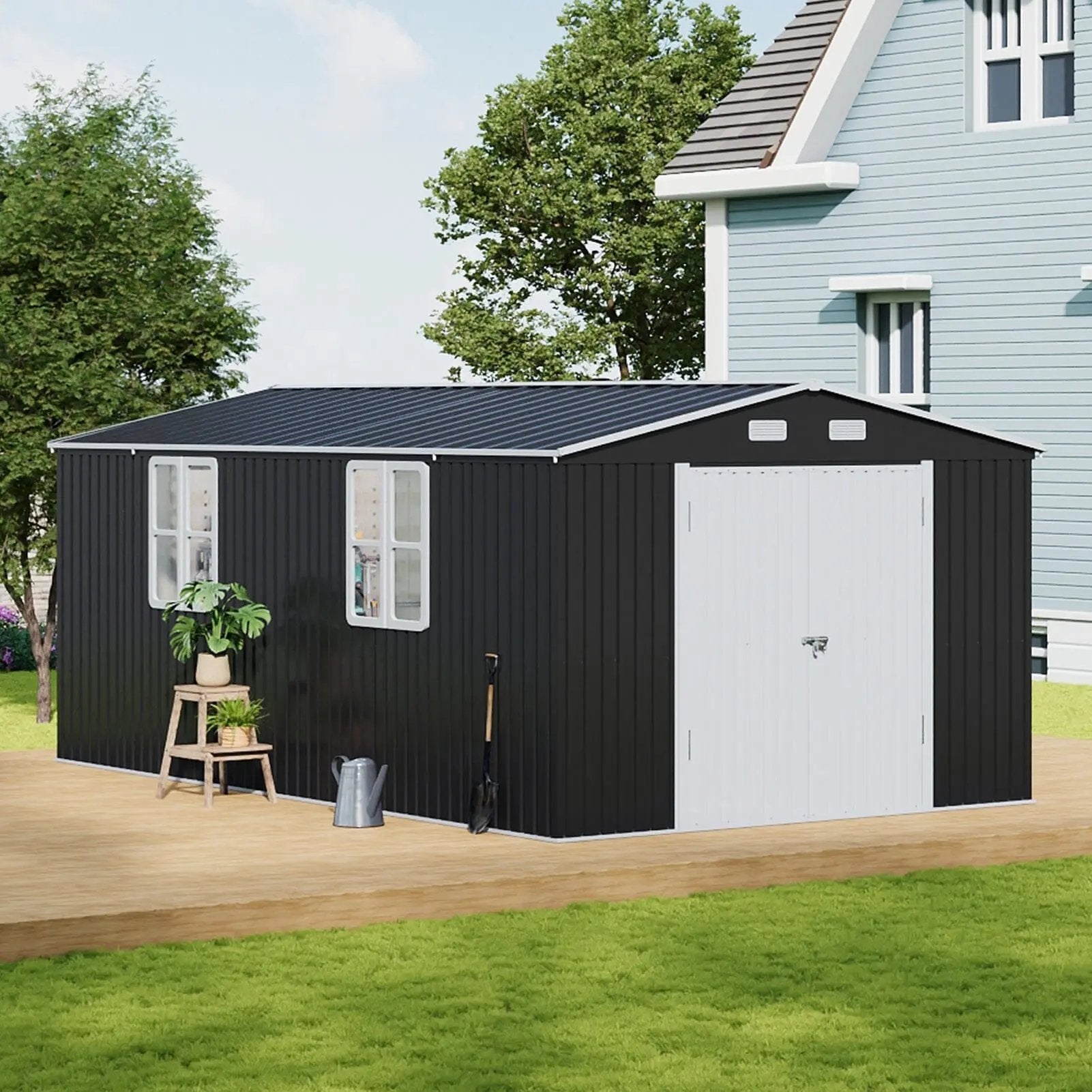 12x10ft / 10x12ft / 10x16ft Charcoal Black Galvanized Steel Storage Shed with Double Lockable Doors & Grid Windows - House Comfort