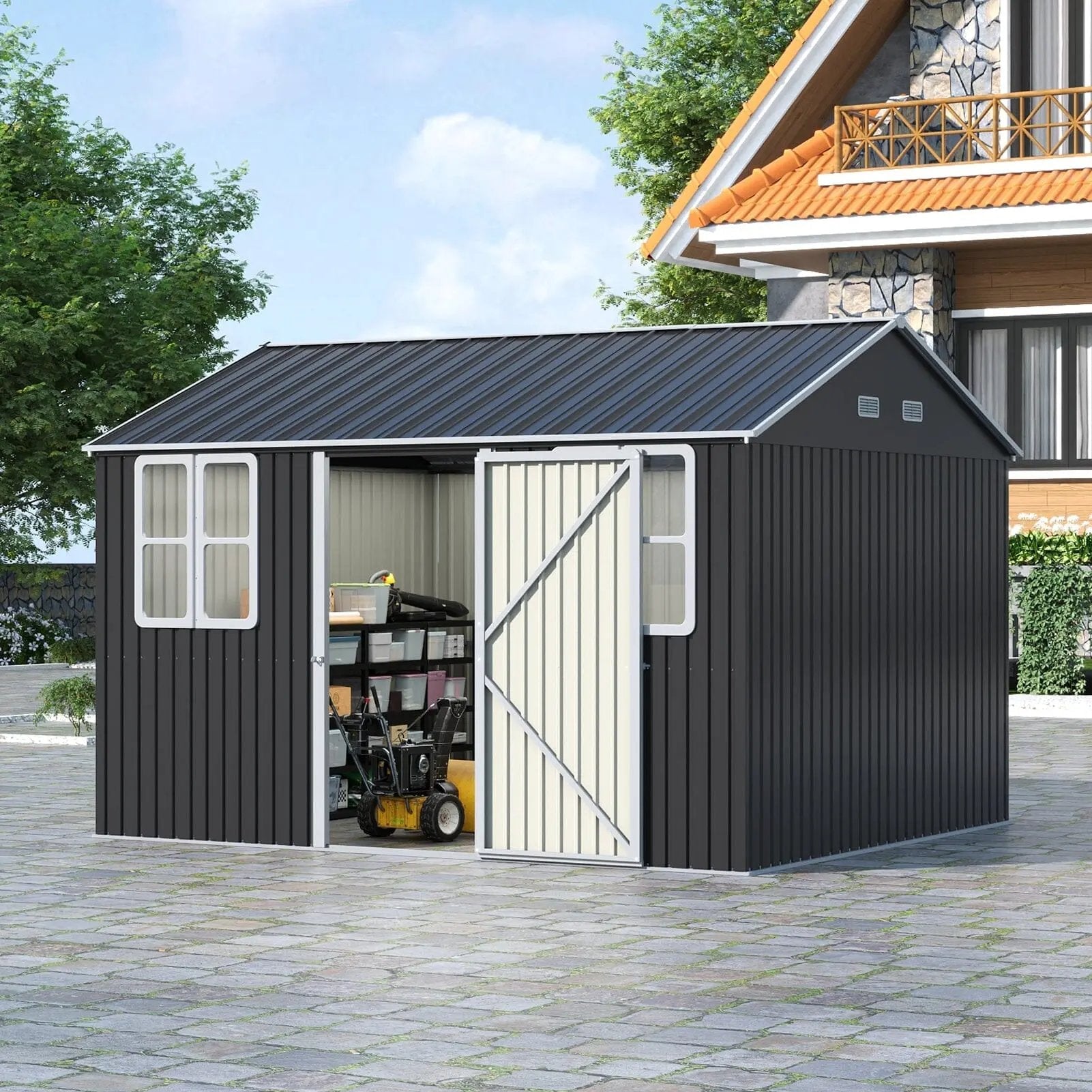 12x10ft / 10x12ft / 10x16ft Charcoal Black Galvanized Steel Storage Shed with Double Lockable Doors & Grid Windows - House Comfort