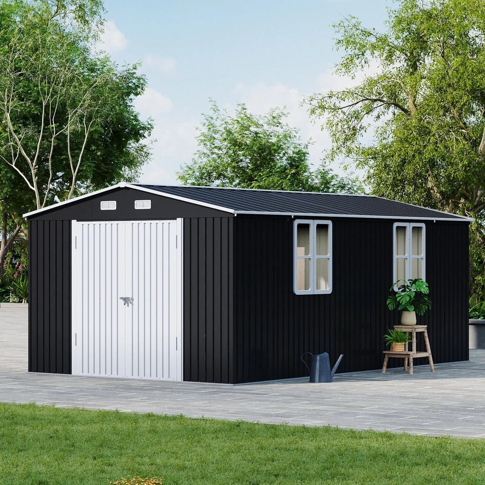 12x10ft / 10x12ft / 10x16ft Charcoal Black Galvanized Steel Storage Shed with Double Lockable Doors & Grid Windows - House Comfort