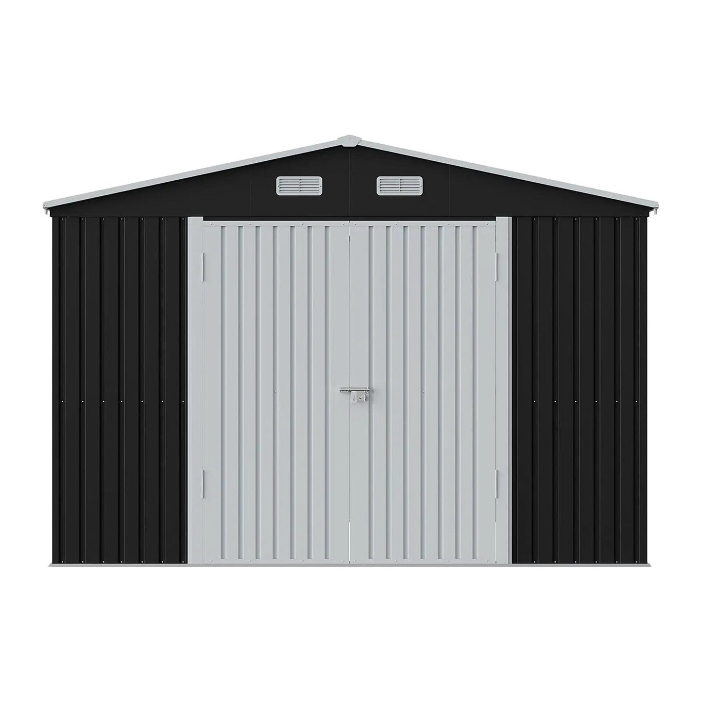 12x10ft / 10x12ft / 10x16ft Charcoal Black Galvanized Steel Storage Shed with Double Lockable Doors & Grid Windows - House Comfort