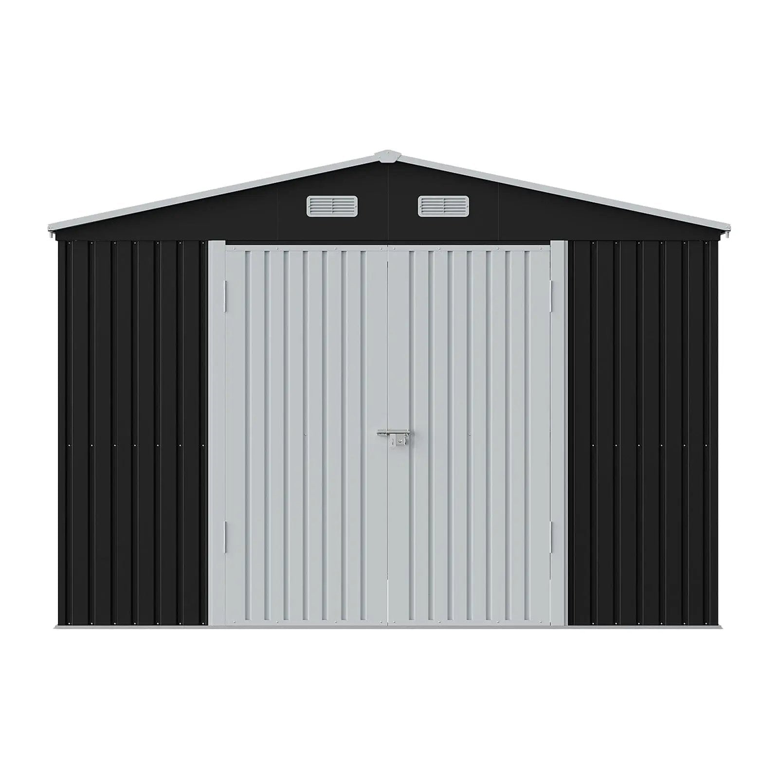 12x10ft / 10x12ft / 10x16ft Charcoal Black Galvanized Steel Storage Shed with Double Lockable Doors & Grid Windows - House Comfort
