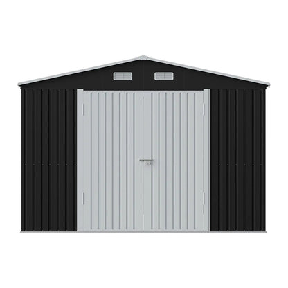 12x10ft / 10x12ft / 10x16ft Charcoal Black Galvanized Steel Storage Shed with Double Lockable Doors & Grid Windows - House Comfort