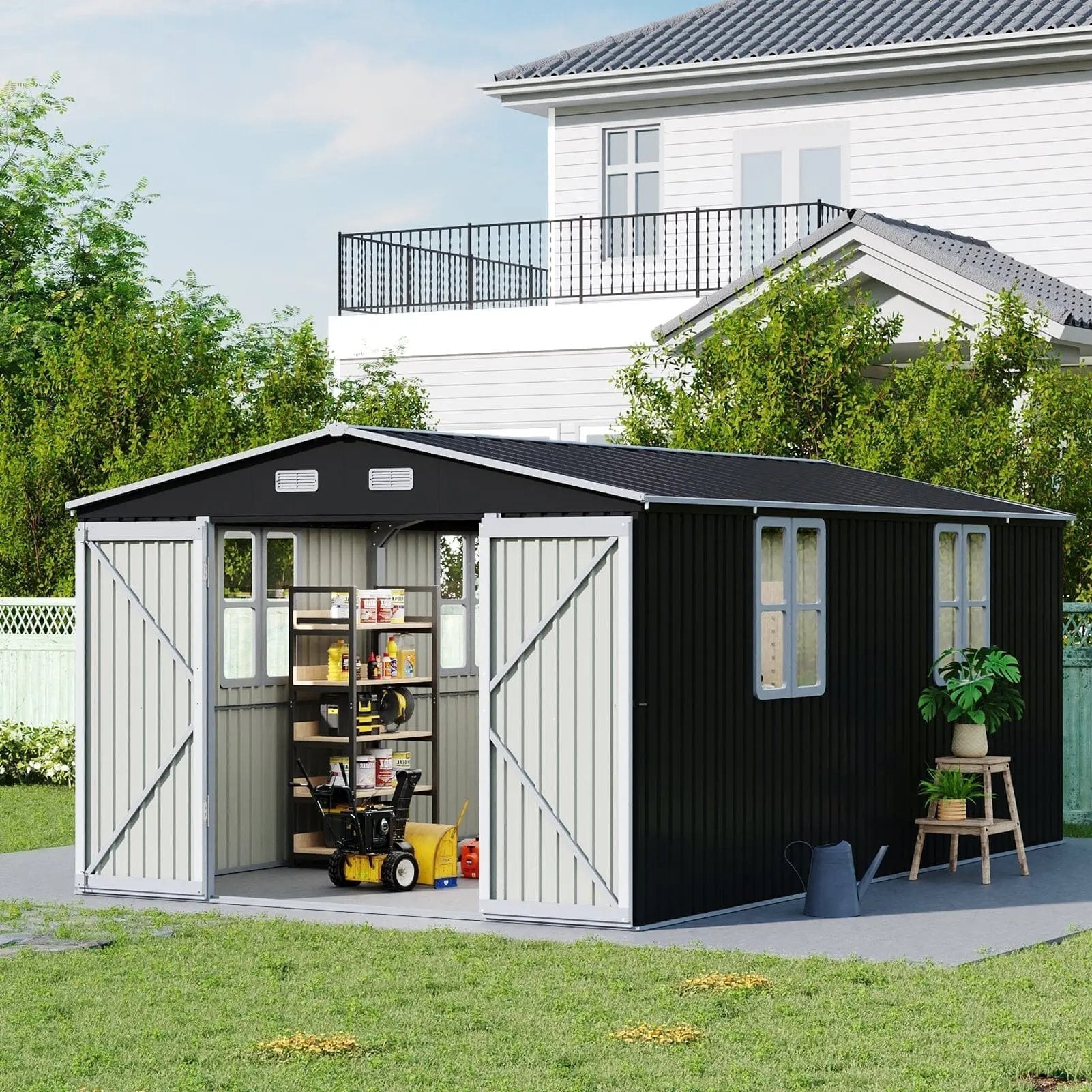 12x10ft / 10x12ft / 10x16ft Charcoal Black Galvanized Steel Storage Shed with Double Lockable Doors & Grid Windows - House Comfort