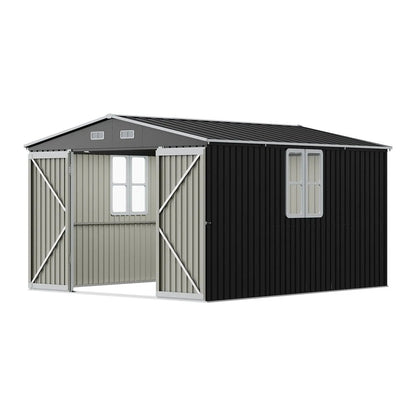 12x10ft / 10x12ft / 10x16ft Charcoal Black Galvanized Steel Storage Shed with Double Lockable Doors & Grid Windows - House Comfort