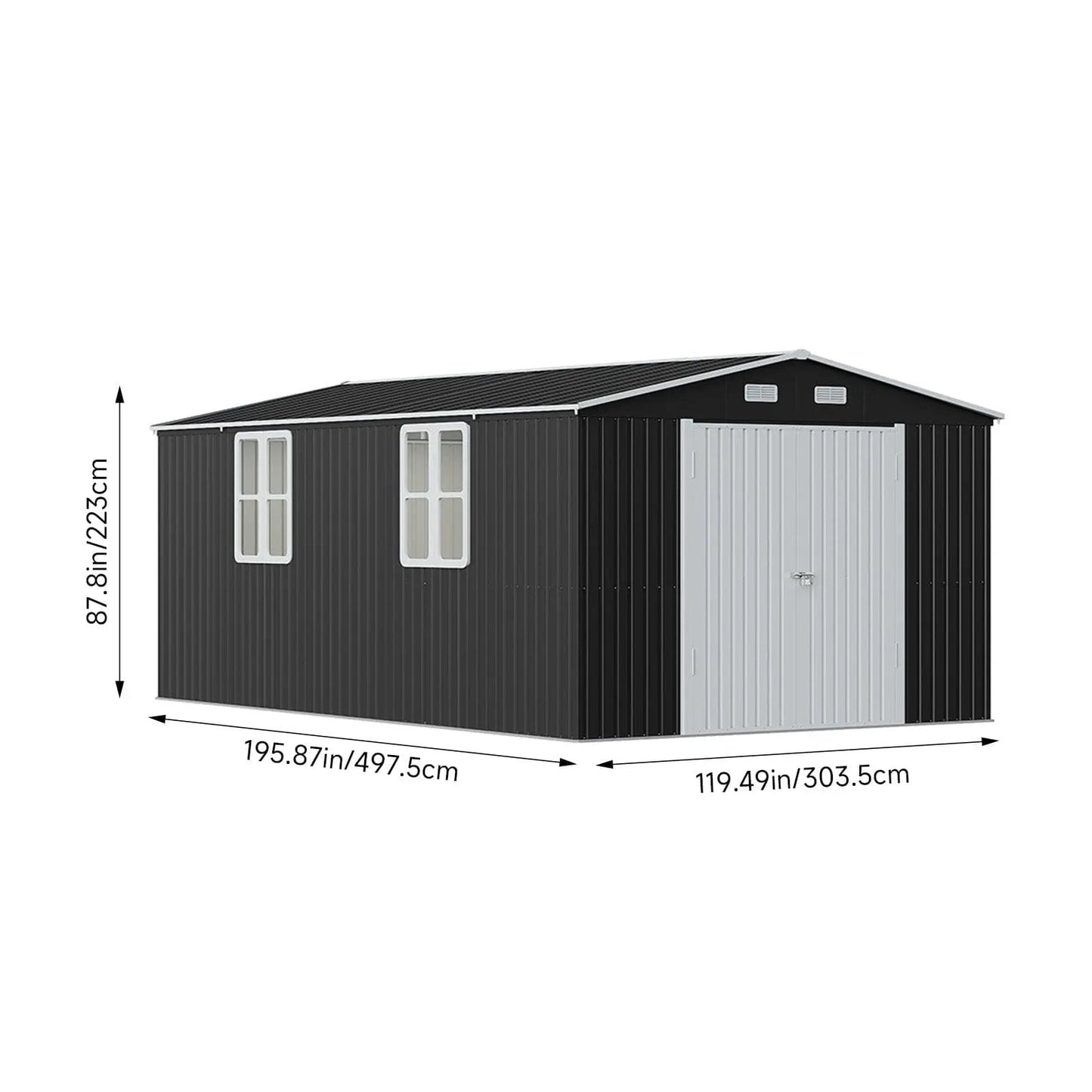 12x10ft / 10x12ft / 10x16ft Charcoal Black Galvanized Steel Storage Shed with Double Lockable Doors & Grid Windows - House Comfort
