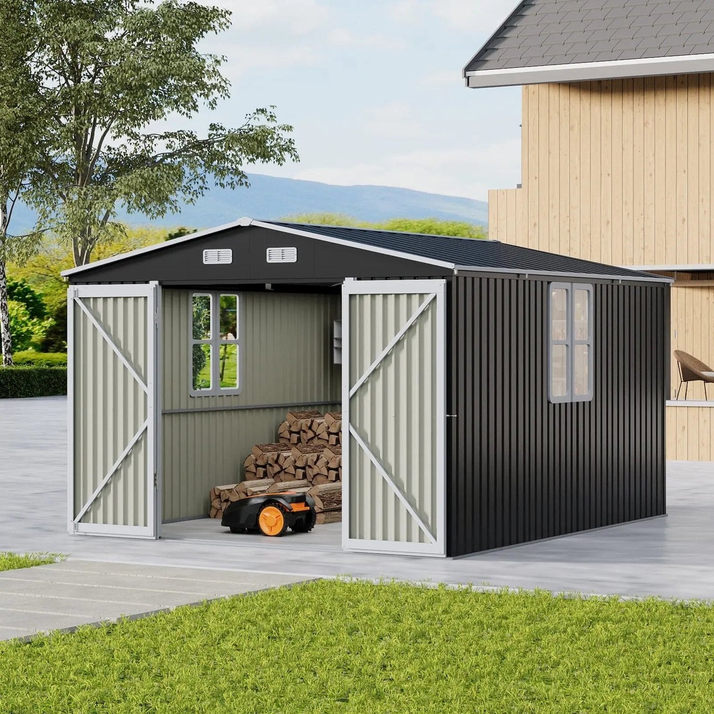 12x10ft / 10x12ft / 10x16ft Charcoal Black Galvanized Steel Storage Shed with Double Lockable Doors & Grid Windows - House Comfort