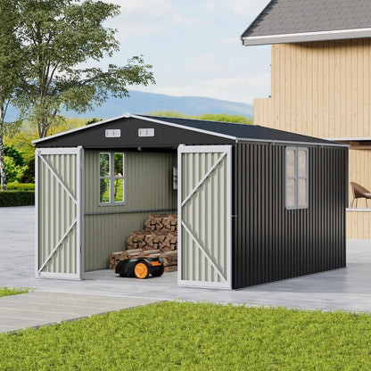 12x10ft / 10x12ft / 10x16ft Charcoal Black Galvanized Steel Storage Shed with Double Lockable Doors & Grid Windows - House Comfort