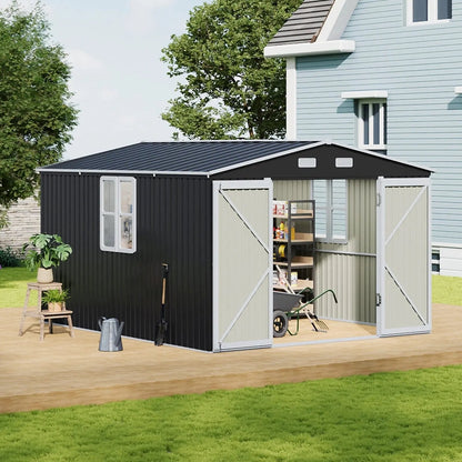 12x10ft / 10x12ft / 10x16ft Charcoal Black Galvanized Steel Storage Shed with Double Lockable Doors & Grid Windows - House Comfort