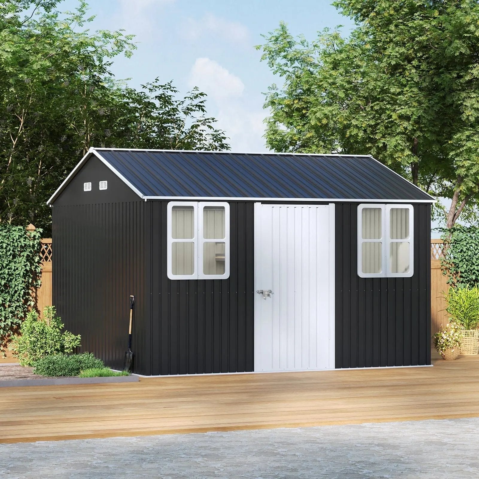 12x10ft / 10x12ft / 10x16ft Charcoal Black Galvanized Steel Storage Shed with Double Lockable Doors & Grid Windows - House Comfort