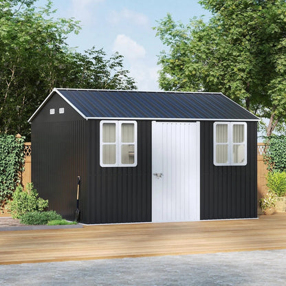12x10ft / 10x12ft / 10x16ft Charcoal Black Galvanized Steel Storage Shed with Double Lockable Doors & Grid Windows - House Comfort