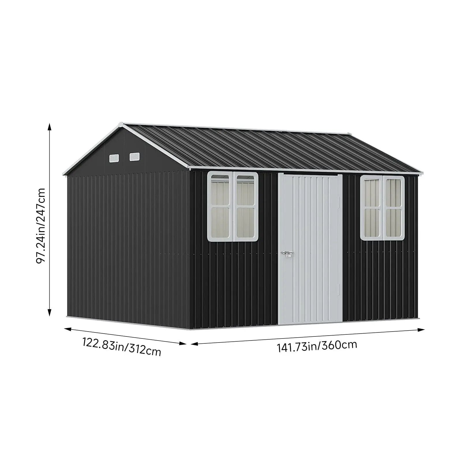 12x10ft / 10x12ft / 10x16ft Charcoal Black Galvanized Steel Storage Shed with Double Lockable Doors & Grid Windows - House Comfort