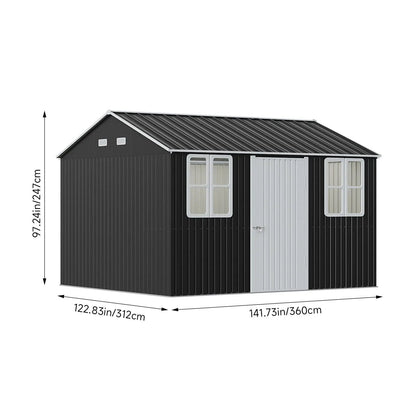 12x10ft / 10x12ft / 10x16ft Charcoal Black Galvanized Steel Storage Shed with Double Lockable Doors & Grid Windows - House Comfort