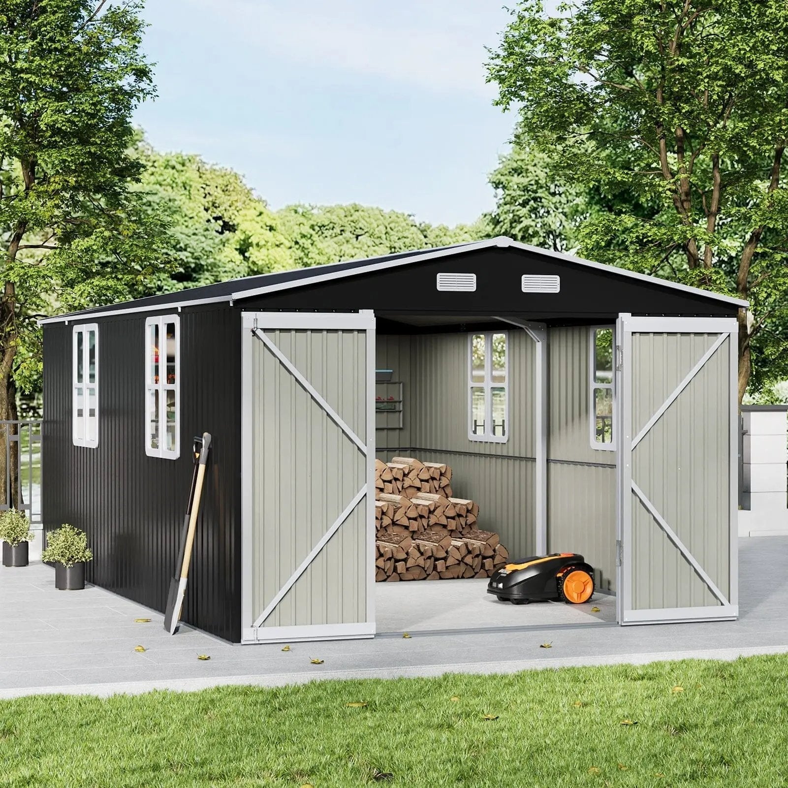 12x10ft / 10x12ft / 10x16ft Charcoal Black Galvanized Steel Storage Shed with Double Lockable Doors & Grid Windows - House Comfort