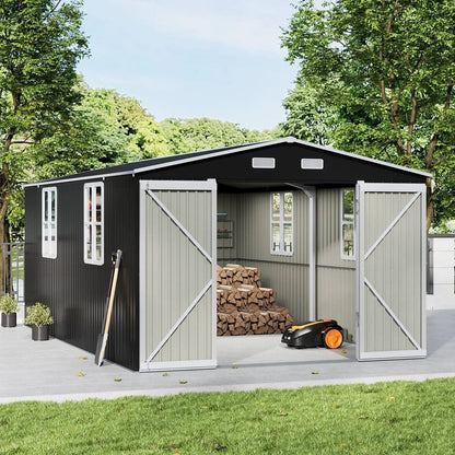 12x10ft / 10x12ft / 10x16ft Charcoal Black Galvanized Steel Storage Shed with Double Lockable Doors & Grid Windows - House Comfort