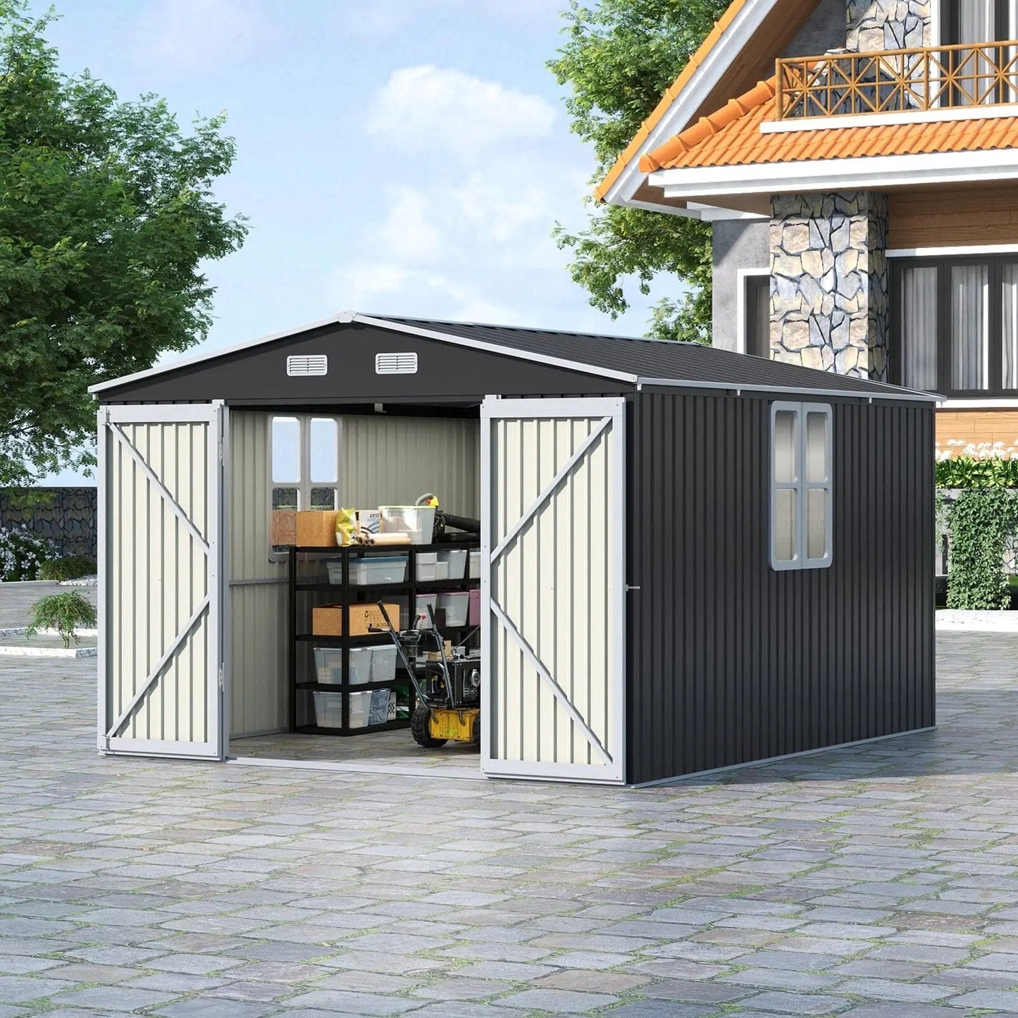 12x10ft / 10x12ft / 10x16ft Charcoal Black Galvanized Steel Storage Shed with Double Lockable Doors & Grid Windows - House Comfort