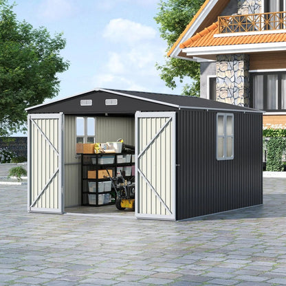 12x10ft / 10x12ft / 10x16ft Charcoal Black Galvanized Steel Storage Shed with Double Lockable Doors & Grid Windows - House Comfort