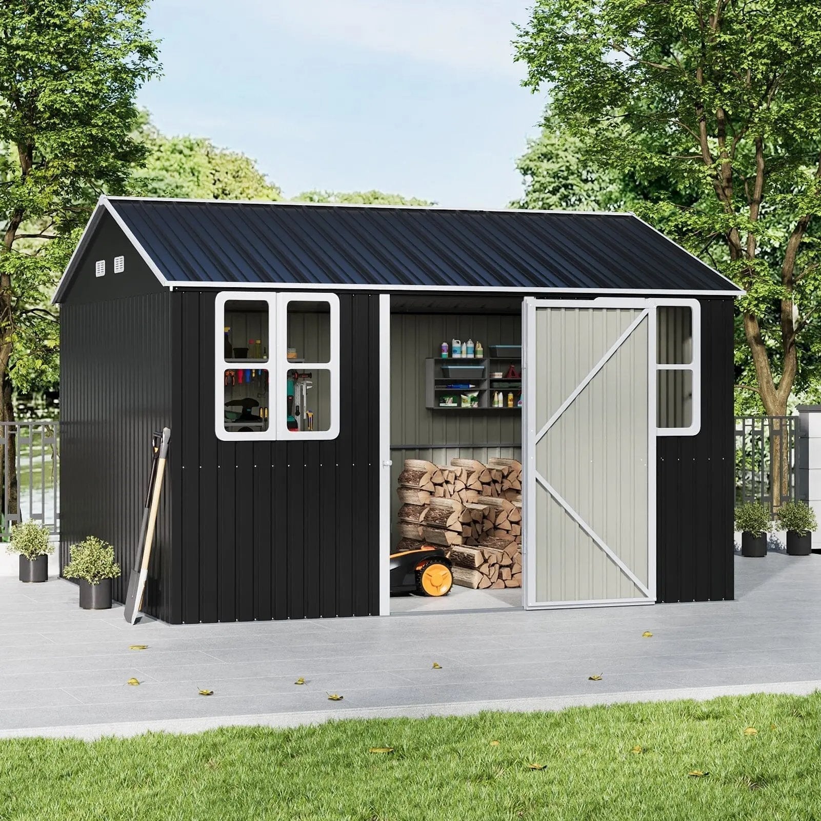 12x10ft / 10x12ft / 10x16ft Charcoal Black Galvanized Steel Storage Shed with Double Lockable Doors & Grid Windows - House Comfort