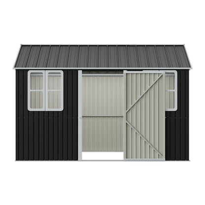12x10ft / 10x12ft / 10x16ft Charcoal Black Galvanized Steel Storage Shed with Double Lockable Doors & Grid Windows - House Comfort