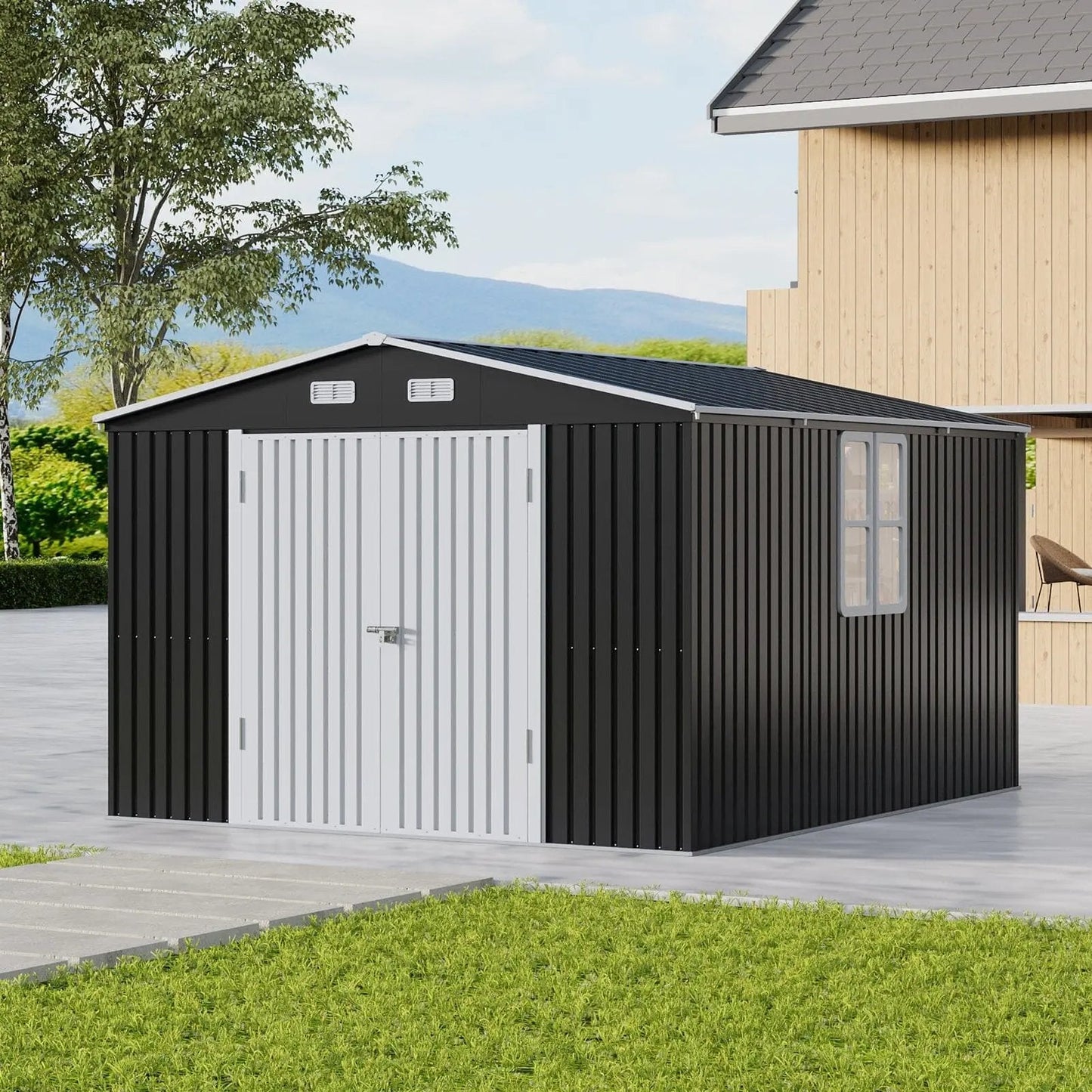 12x10ft / 10x12ft / 10x16ft Charcoal Black Galvanized Steel Storage Shed with Double Lockable Doors & Grid Windows - House Comfort