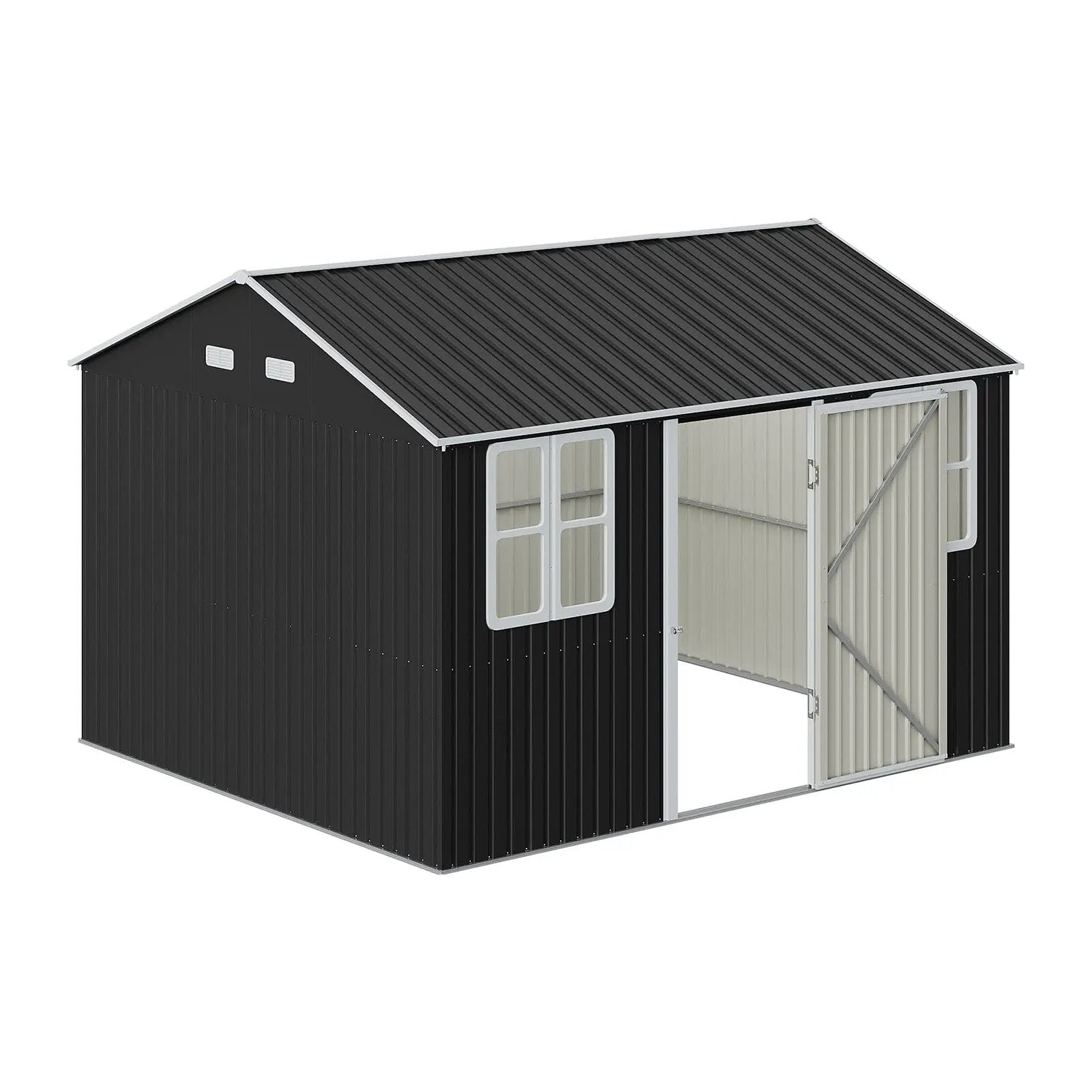 12x10ft / 10x12ft / 10x16ft Charcoal Black Galvanized Steel Storage Shed with Double Lockable Doors & Grid Windows - House Comfort
