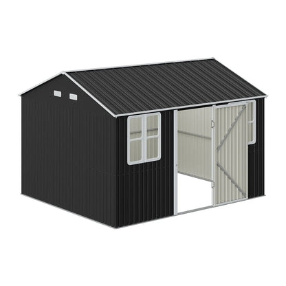 12x10ft / 10x12ft / 10x16ft Charcoal Black Galvanized Steel Storage Shed with Double Lockable Doors & Grid Windows - House Comfort