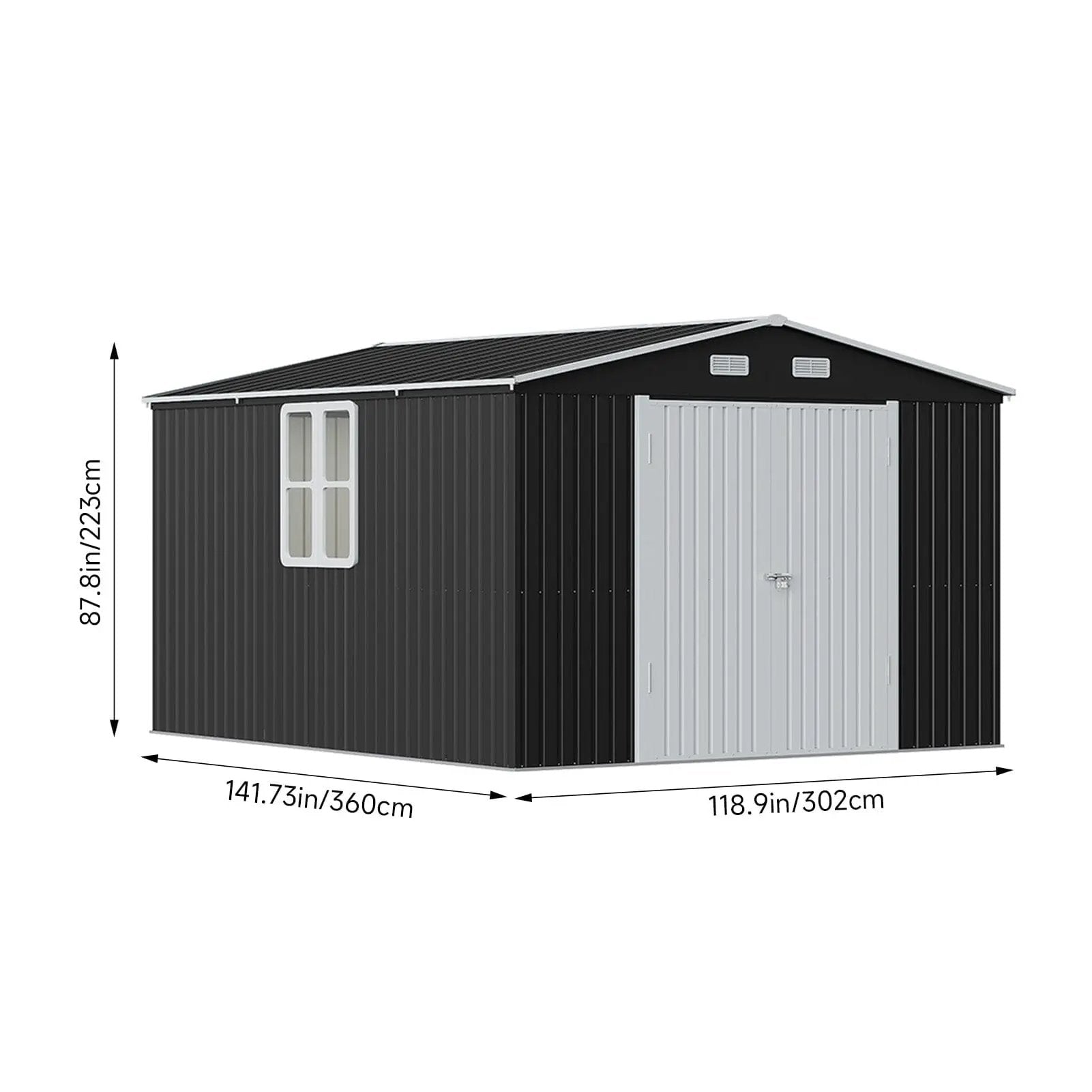 12x10ft / 10x12ft / 10x16ft Charcoal Black Galvanized Steel Storage Shed with Double Lockable Doors & Grid Windows - House Comfort