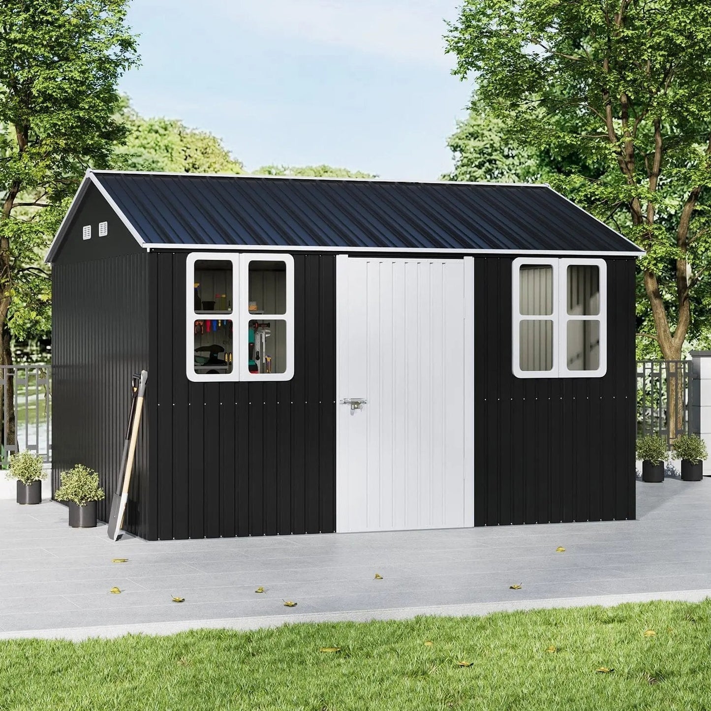 12x10ft / 10x12ft / 10x16ft Charcoal Black Galvanized Steel Storage Shed with Double Lockable Doors & Grid Windows - House Comfort
