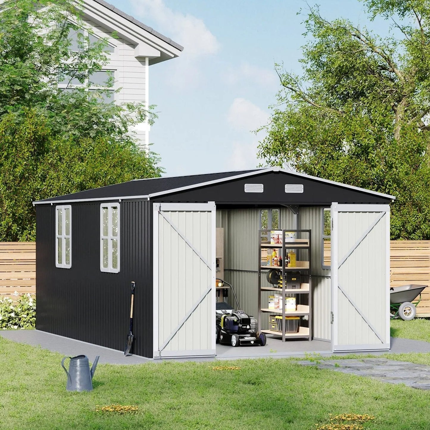 12x10ft / 10x12ft / 10x16ft Charcoal Black Galvanized Steel Storage Shed with Double Lockable Doors & Grid Windows - House Comfort