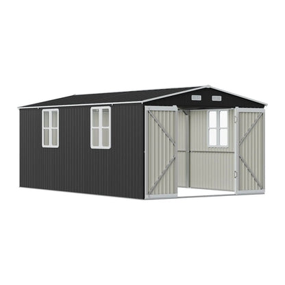 12x10ft / 10x12ft / 10x16ft Charcoal Black Galvanized Steel Storage Shed with Double Lockable Doors & Grid Windows - House Comfort